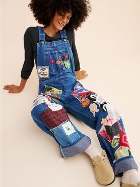 Riley Vintage Eclectic Patchwork Straight Leg Denim Jumpsuit Denim Overalls 1X